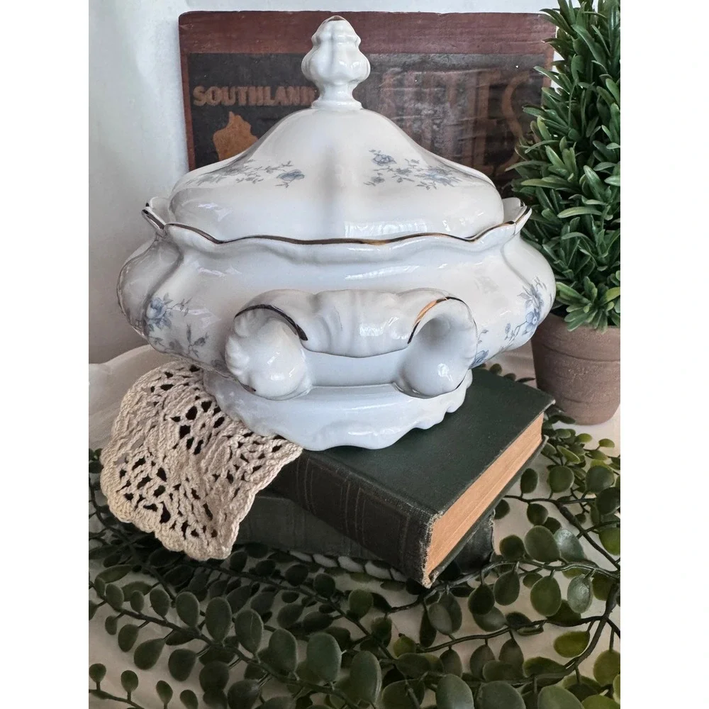 Vintage White Porcelain Soup Tureen Blue Floral Gold Trim Scalloped Lid 11in